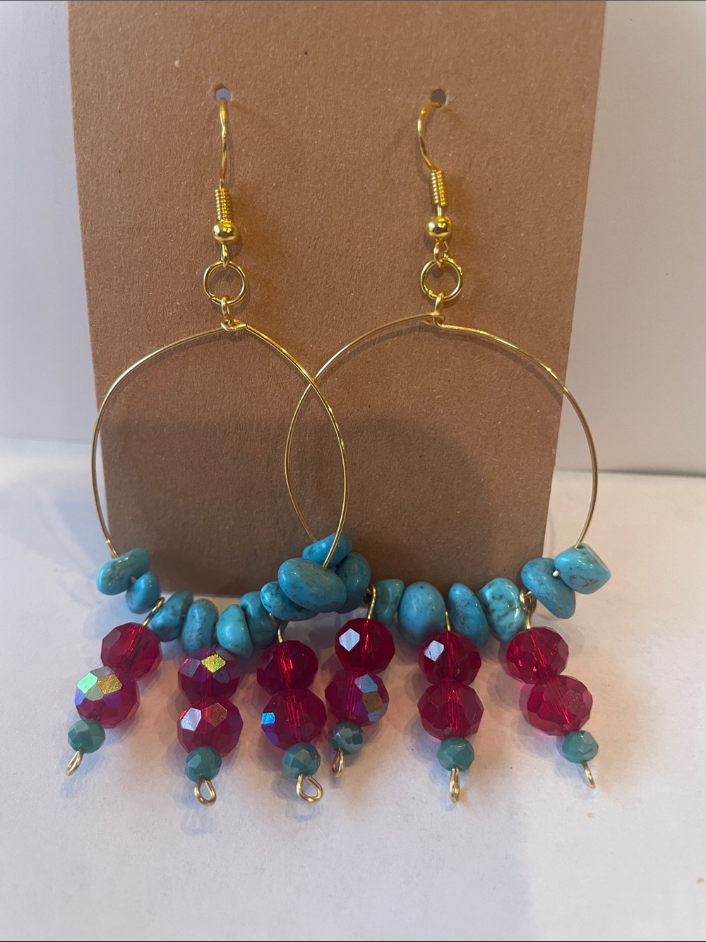 Gold Hoop Earrings with Turquoise Beads and Ruby Red Crystal Drops